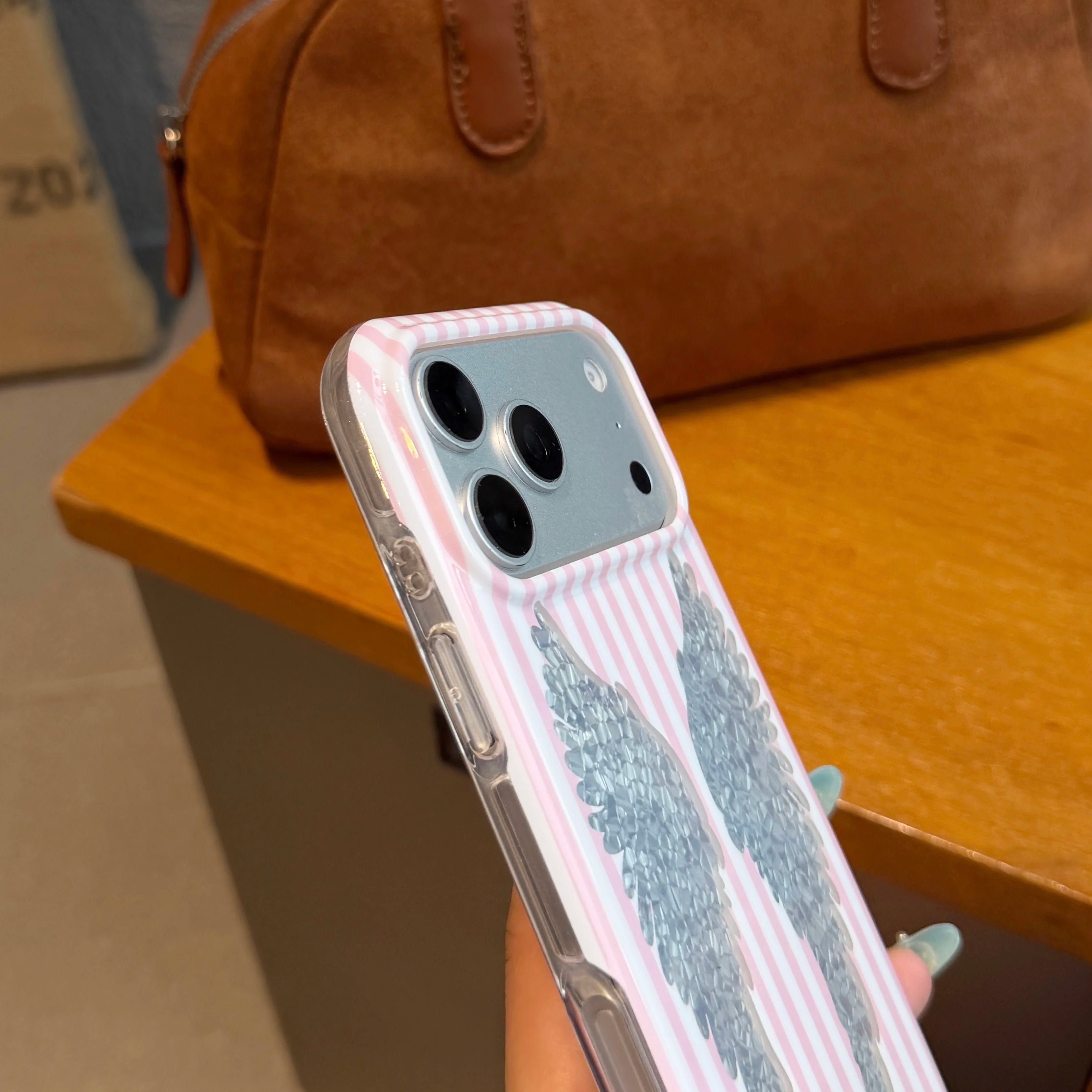 STORESDE Korean Cute Pink White Stripe Wings Phone Case For iPhone 17 Pro 16 15 Pro Max 17pro 16pro Fashion Shockproof Cover For Girls
