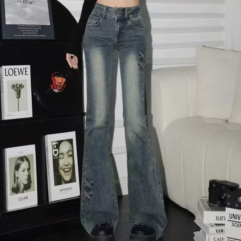 STORESDE New retro high waist solid color micro-flare women jeans y2k fashion street clothing slim and slim stretch flared pants