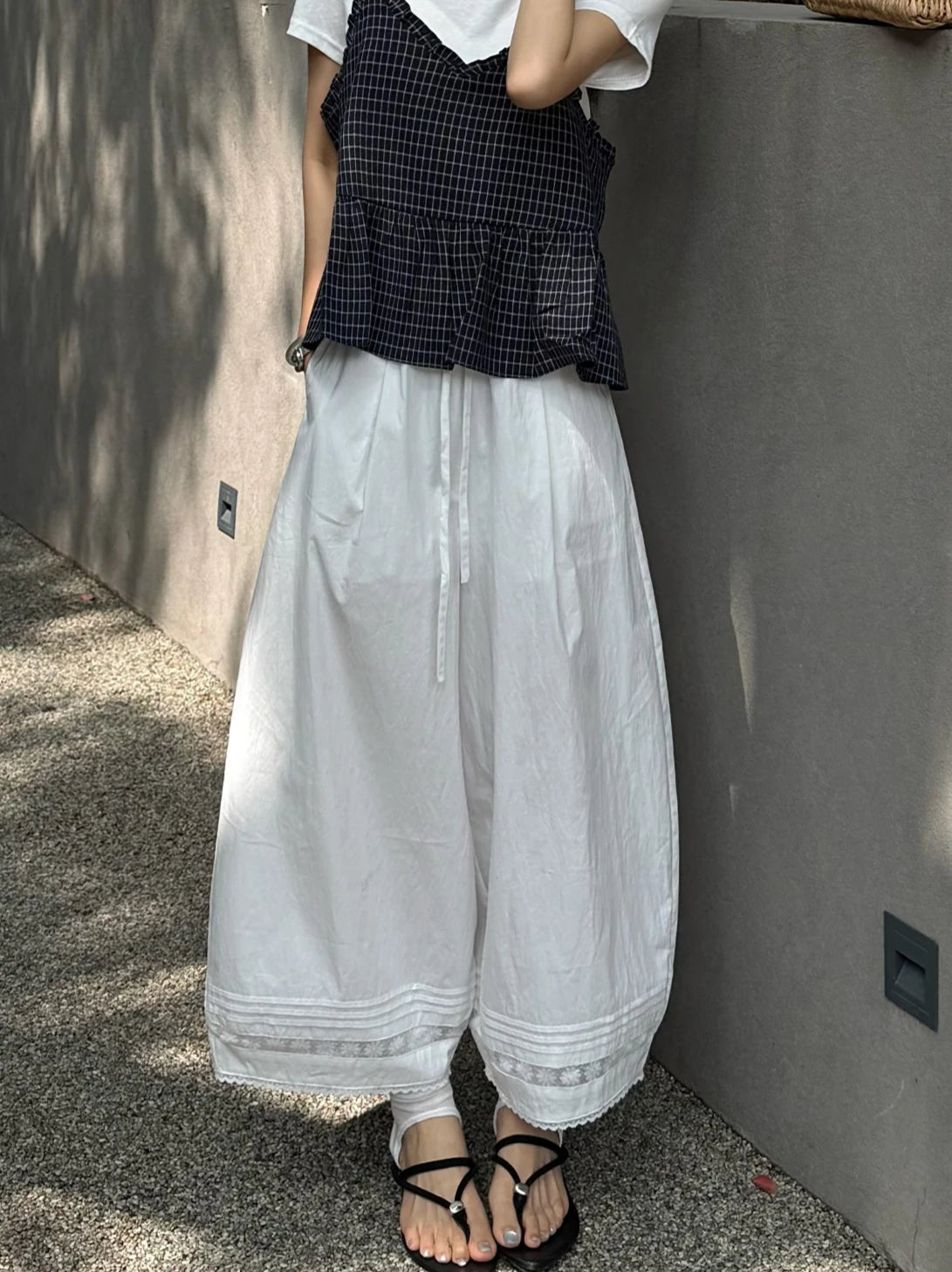 STORESDE Summer Women's Bloomers Korean Lace Thin Drawstring Splicing Wide-leg Pants Casual Loose Solid Ankle Length Baggy Pants Women