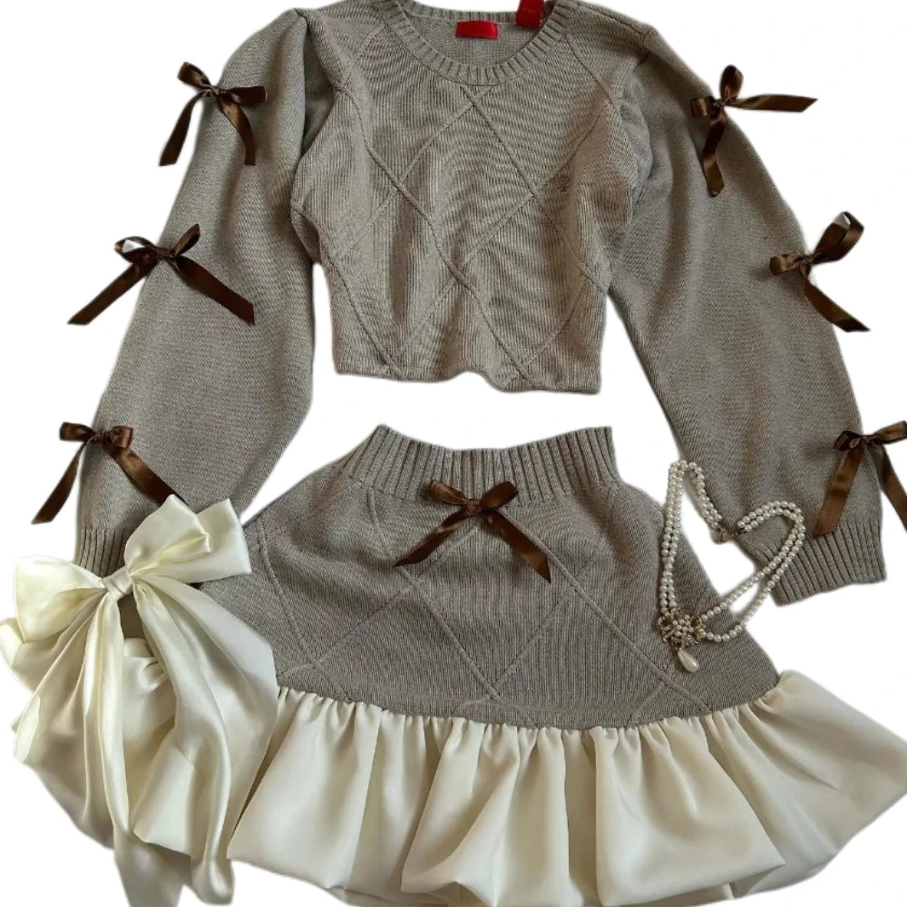STORESDE Fashion Trend Y2k Knitted Splicing Two Piece Set Women Bow Long Sleeve Knitted Slimming Sexy Top Mini Pleated Skirt Autumn Set