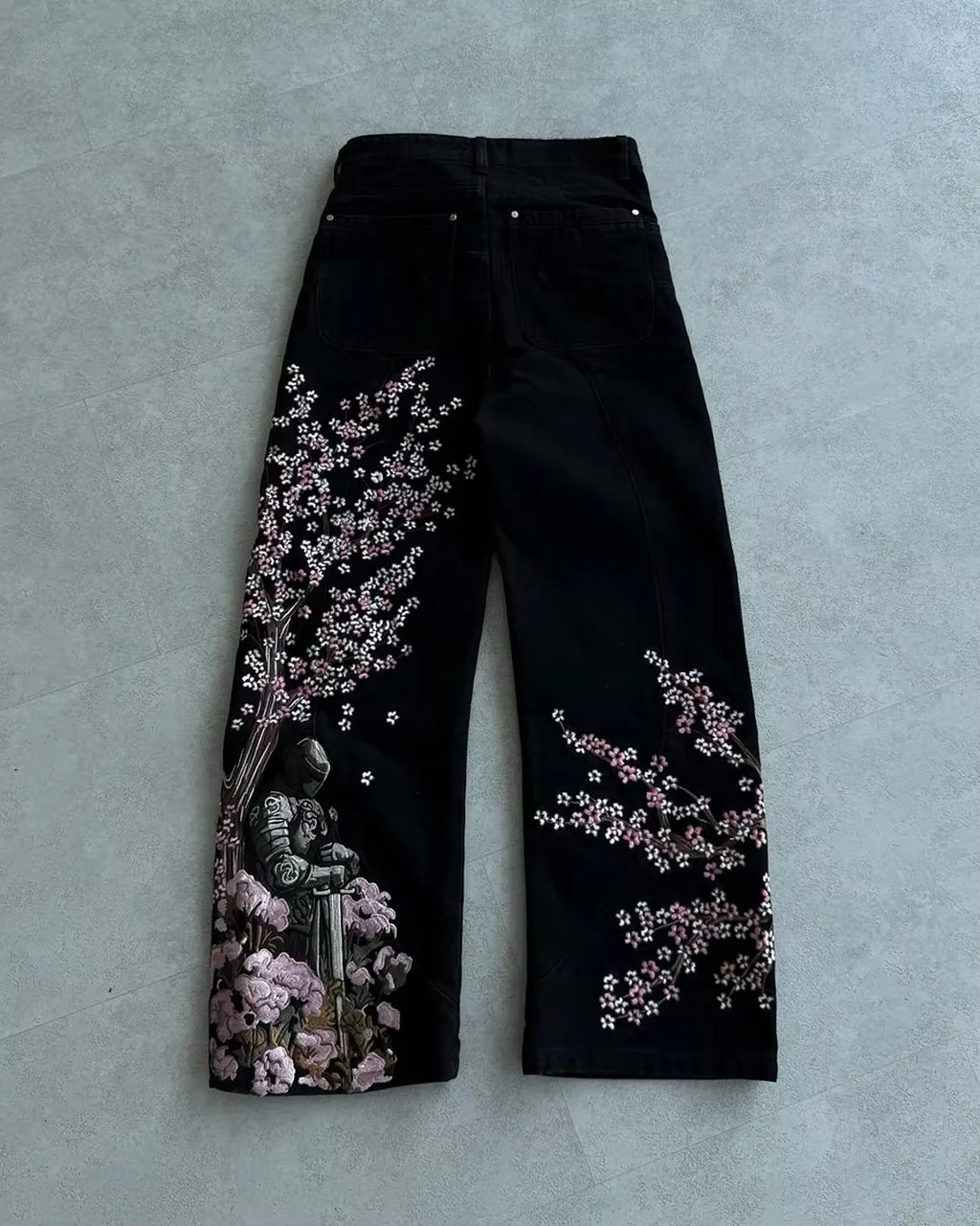 STORESDE Anime Character Embroidered Jeans Men Y2K Gothic Punk Straight Leg Loose High Waisted Jeans Street Retro Dark Denim Cargo Pants