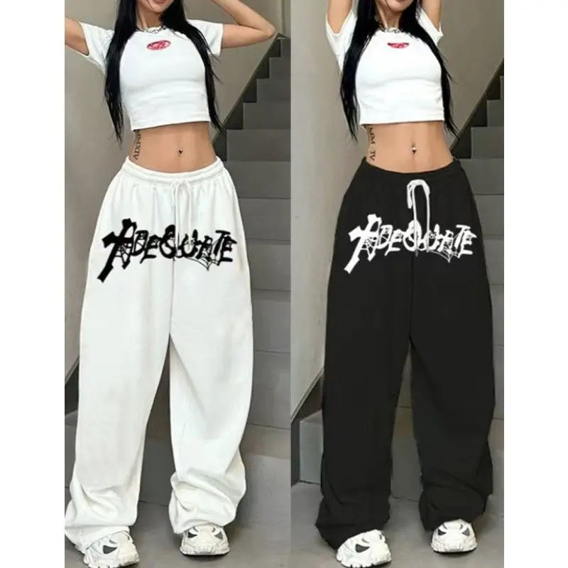 STORESDE Letter Print Hip-hio Trendy Pants for Women Europeans American Style Sweatpants Spring Drawstring Design Winter Casual Trousers