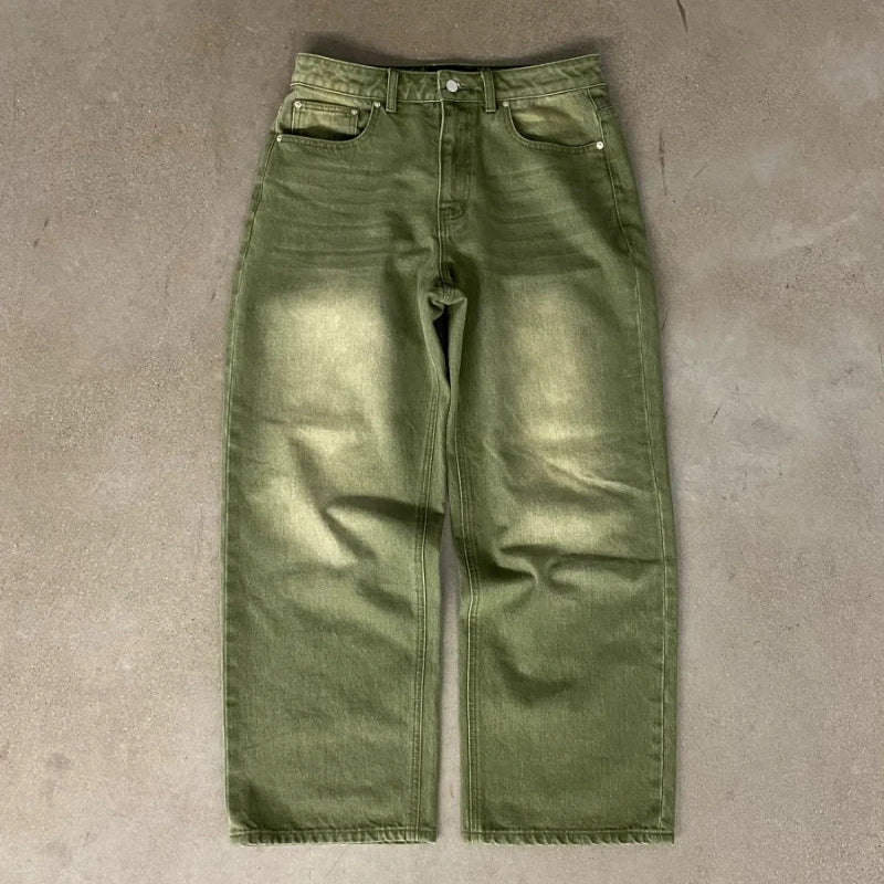 STORESDE Y2K Street Matcha Denim Jeans Pocket Green 6 Ball Embroidery Denim Pants London High Street Trend Streetwear Unisex Baggy Jeans