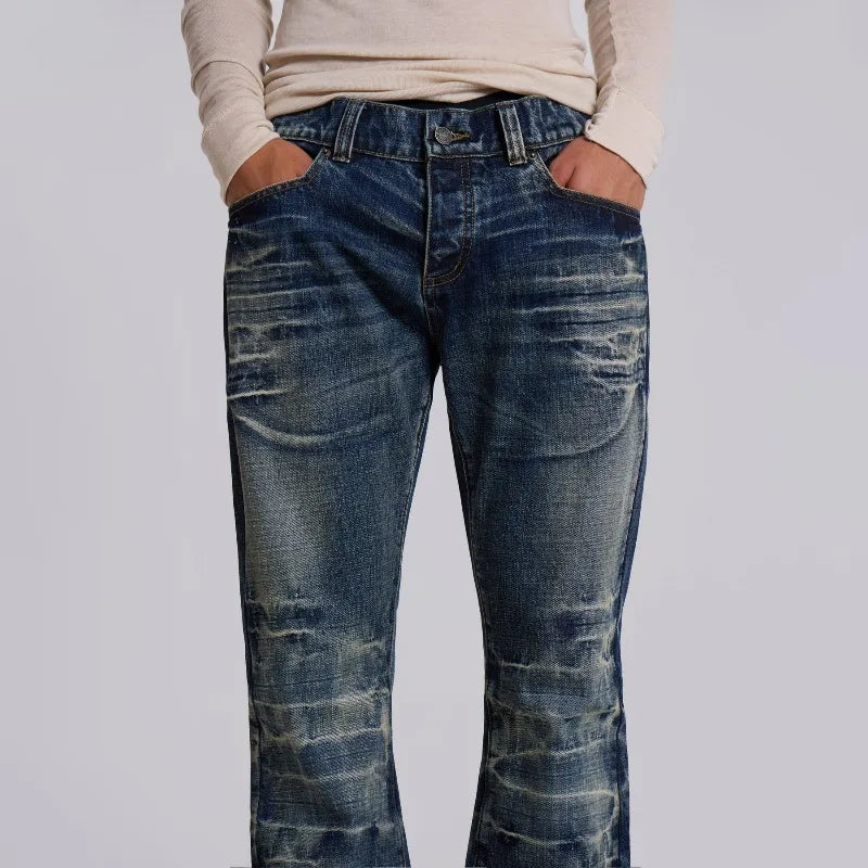 STORESDE Y2K Mid Blue Flared Jeans Vintage Washed Men Women Bootcut Jeans Gothic High Street Unisex Streetwear Retro Baggy wide leg Pants