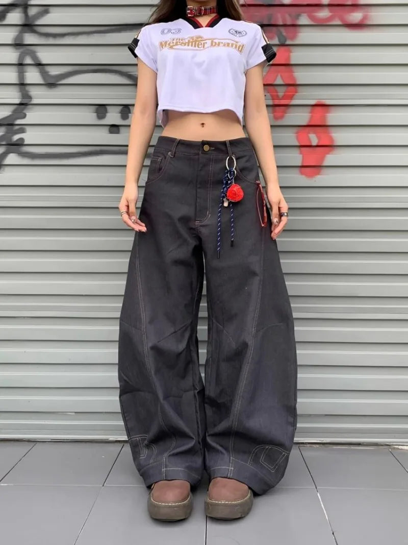 STORESDE American New Fashion Letter Embroidery Stitching Old Baggy Jeans Women Y2K Harajuku  Popular High Waist Wide Leg Trousers