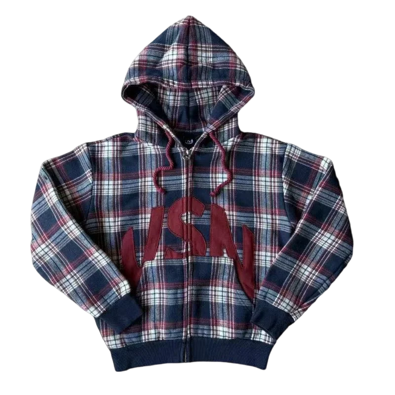 STORESDE Y2K Womens Black Hooded Zipper Reversible Jacket Brown Plaid Lining Couples Style Casual Comfort Classic Versatile Cozy Warm