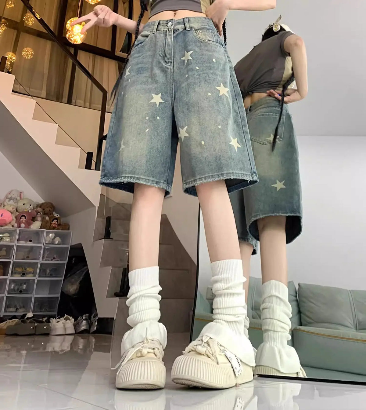 STORESDE Casual Floral Print Loose Wide Leg Womens Jeans New American Retro Star Design Straight Leg Comfort Stretch Soft Denim Shorts