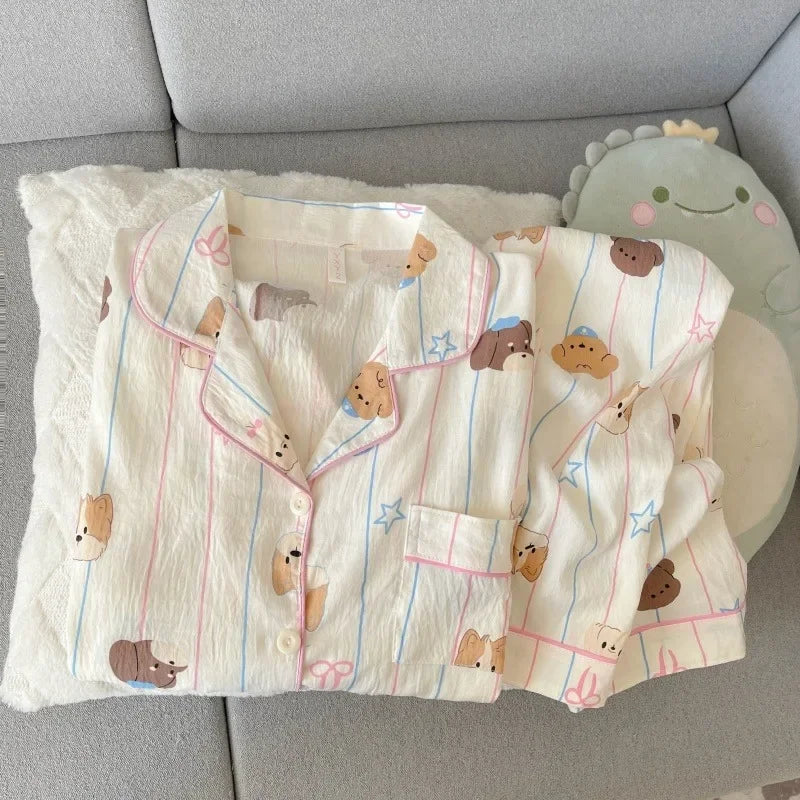 STORESDE Harajuku Style Kawaii Sweet Loungewear 2 PC Set Line Star Dog Print Cute Casual Women's Pajamas Autumn Long New Fashion Homewear