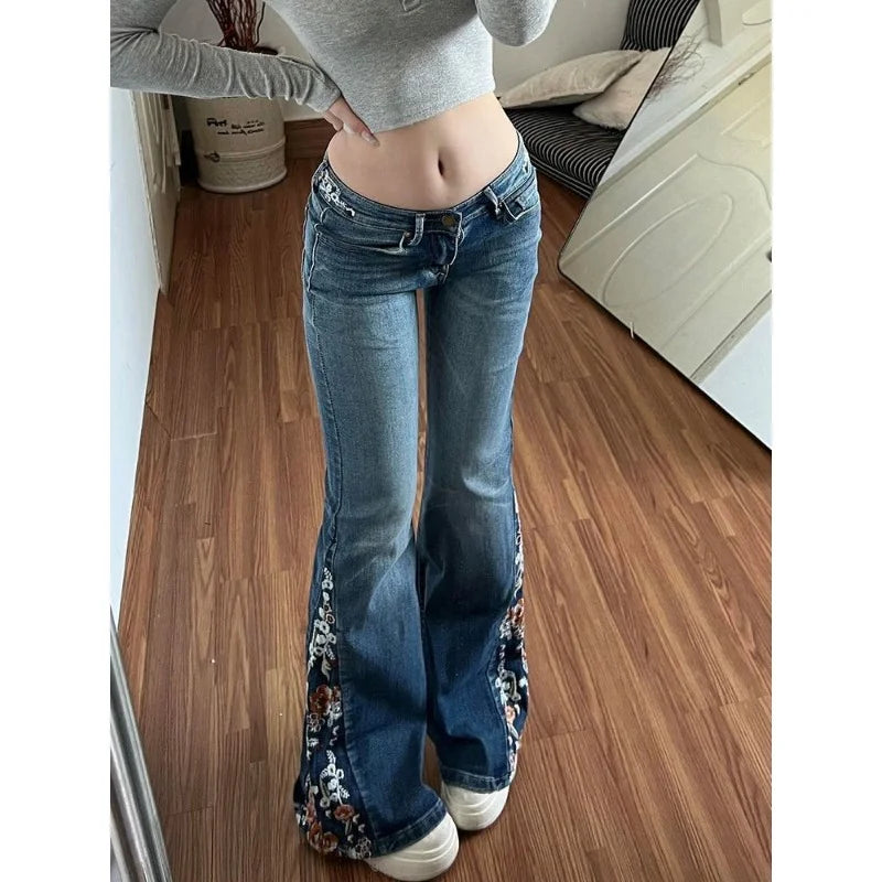 STORESDE American Niche Floral Embroidered Washed Jeans Woman Y2K Millennial Retro Street Casual Harajuku Hot Girl Micro-flare Slim Jeans