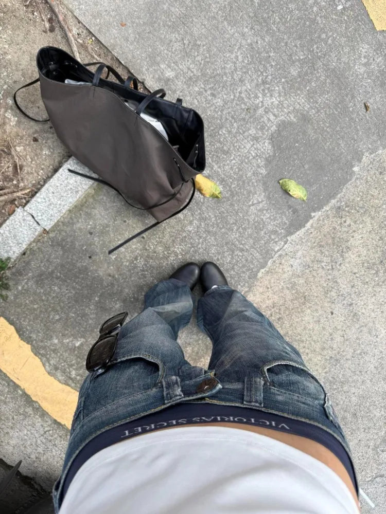 STORESDE Deeptown Blue Vintage Y2k Women Jeans Wash Harajuku Low Waist Japanese 2000s Style Denim Pants Baggy American Streetwear Autumn
