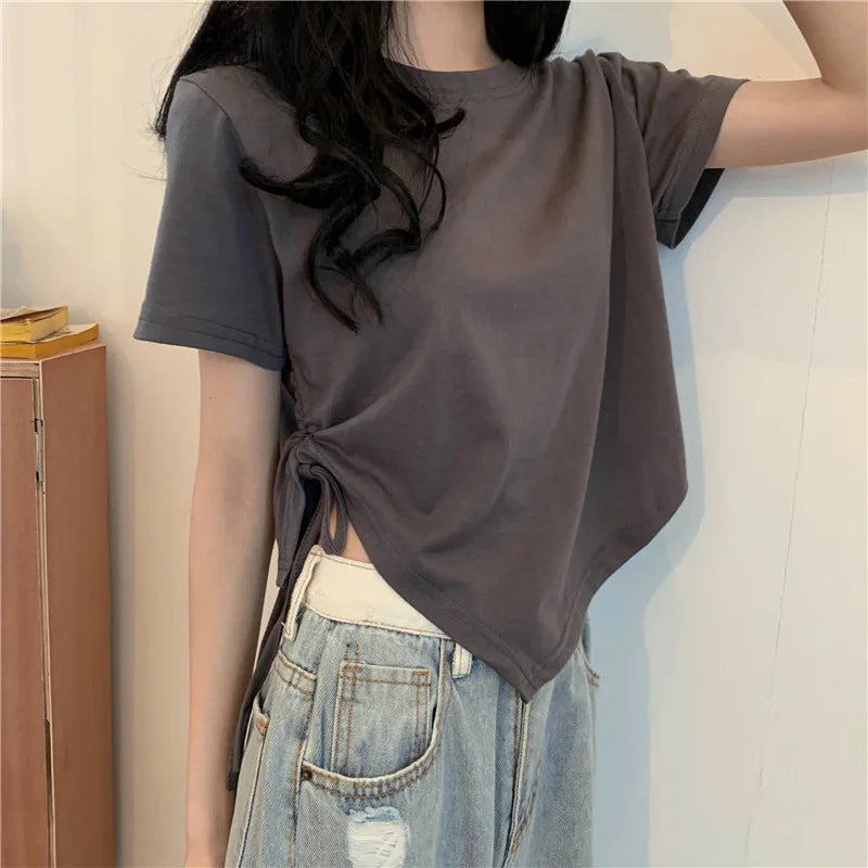 STORESDE Slit Bandage V Neck Sexy Crop Top Women Korean Casual Summer New Short Sleeve T-shirt Y2K Streetwear Trendy Top for Women