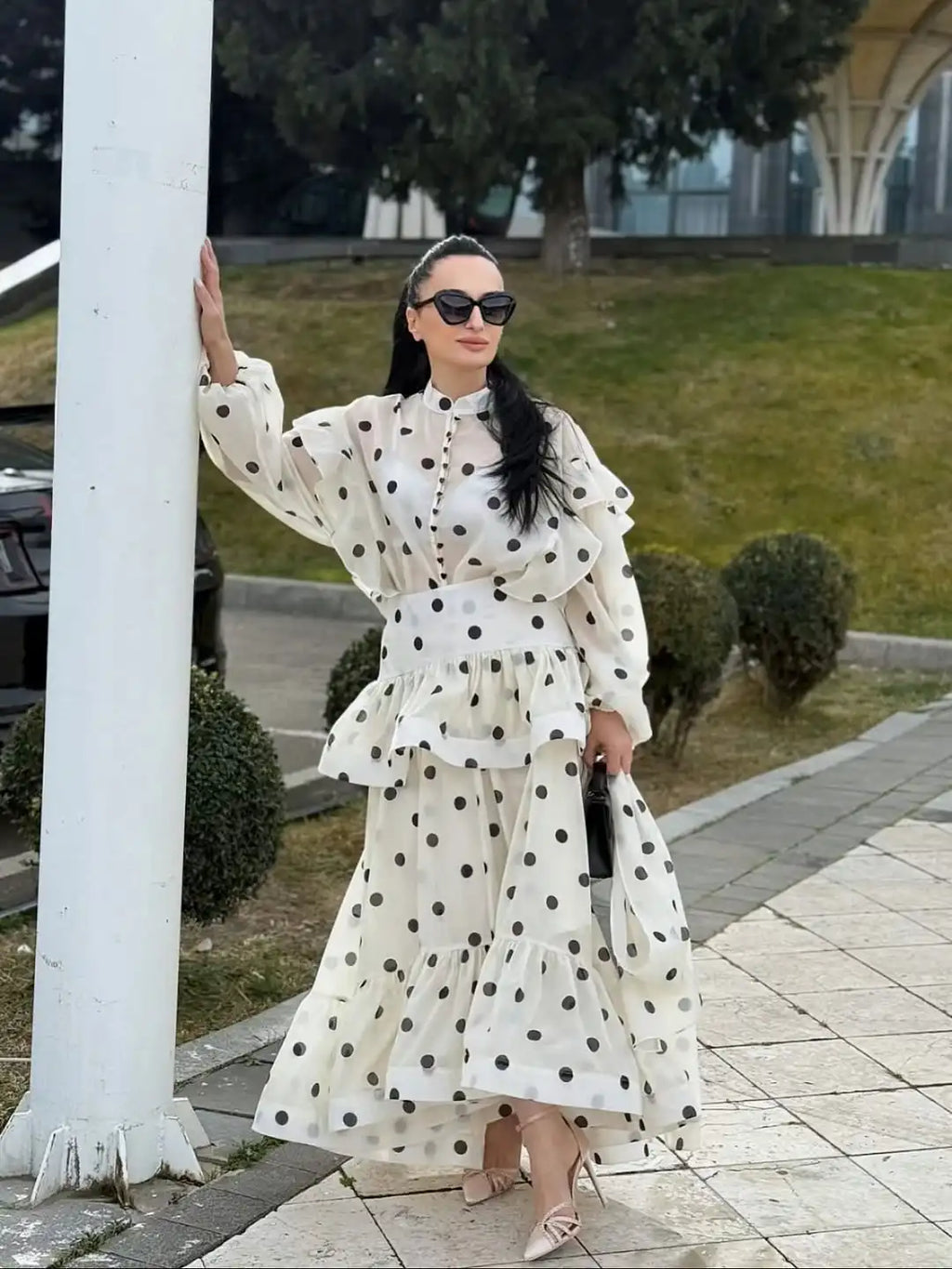 STORESDE Casual Polka Dot Maxi Dress Women Chic Stand Collar Puff Sleeves See Through Ruffle Vestidos 2026 Female Vacation Party Dresses