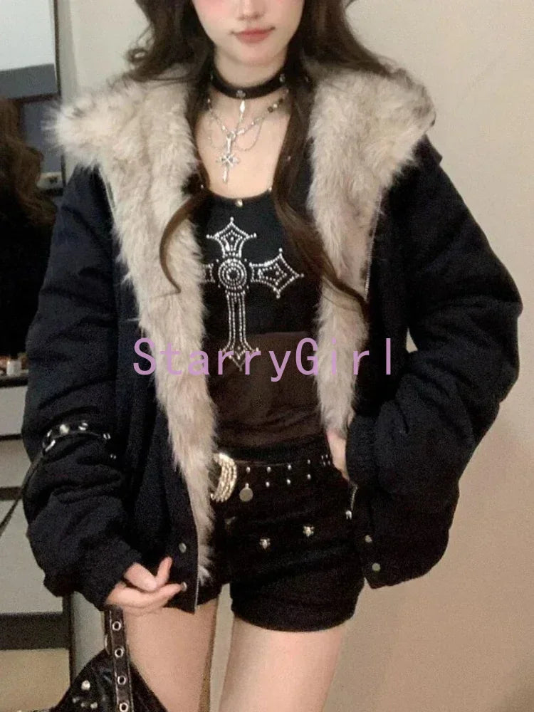 STORESDE Winter New Elegant Liner Fur Loose Coat Women Y2k Fur Collar Hood Thick Fashion Parkas Casual Outerwear Cotton Padded Jackets