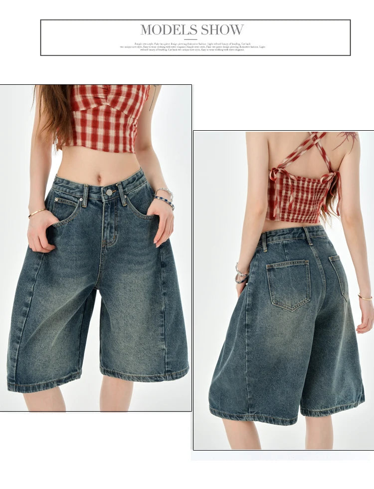 STORESDE Loose Wide Leg Denim Knee Length Pants Women American Vintage Slimming Shorts