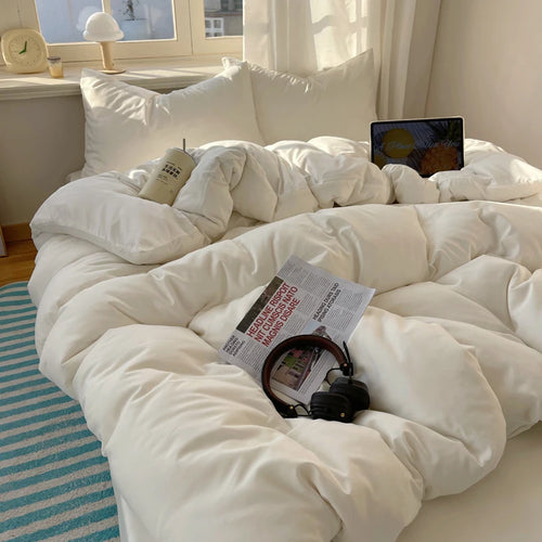 STORESDE Cotton Bedding Set 4pcs with Solid Bed Sheet Duvet Cover Pillowcases Single Couple Bedsheet King Queen Double Twin Size