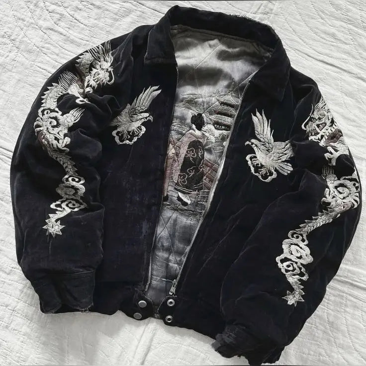 STORESDE Hip Hop Japan Harajuku Style Jacket Gothic Dragon Pattern Bomber Jackets High Quality Embroidered Y2k Zipper Fleece Lined Coat