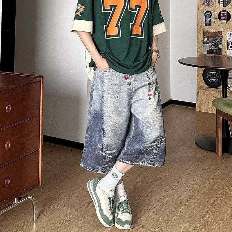 STORESDE 2025 New Men's Retro Bear 3D Printed Denim Shorts Hip Hop Fashion Straight Wide-leg Jorts High Street Y2K Baggy Bermuda Jeans