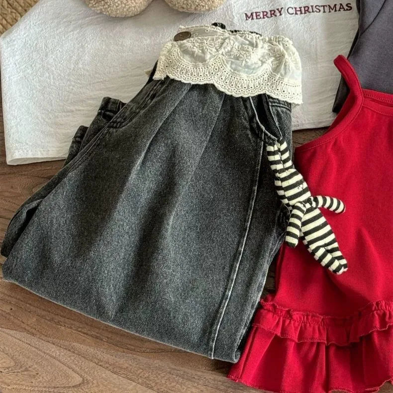 STORESDE UNITIM 2-8Yrs Kids Girls Jeans Loose Lace Patchwork Children Girls Straight Pants Casual Trendy Infant Babys Girls Denim Pants