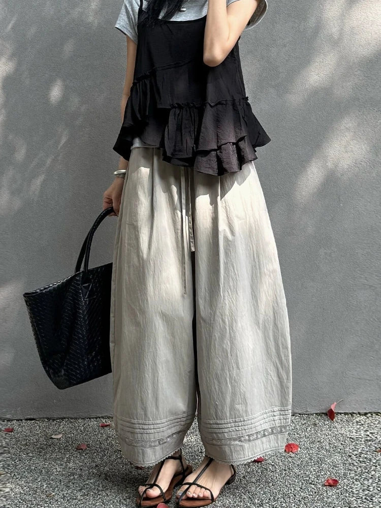 STORESDE Summer Women's Bloomers Korean Lace Thin Drawstring Splicing Wide-leg Pants Casual Loose Solid Ankle Length Baggy Pants Women