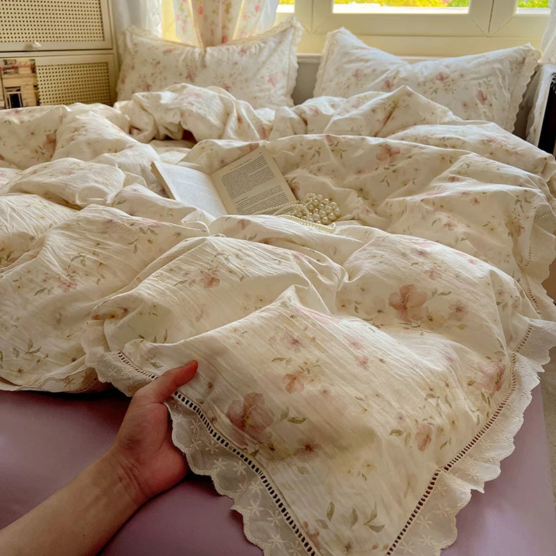STORESDE Washed Cotton Duvet Cover Sets Single/Queen/king Flower Printed Bedding Set Princess Style e housse de couette 220x240 with Lace