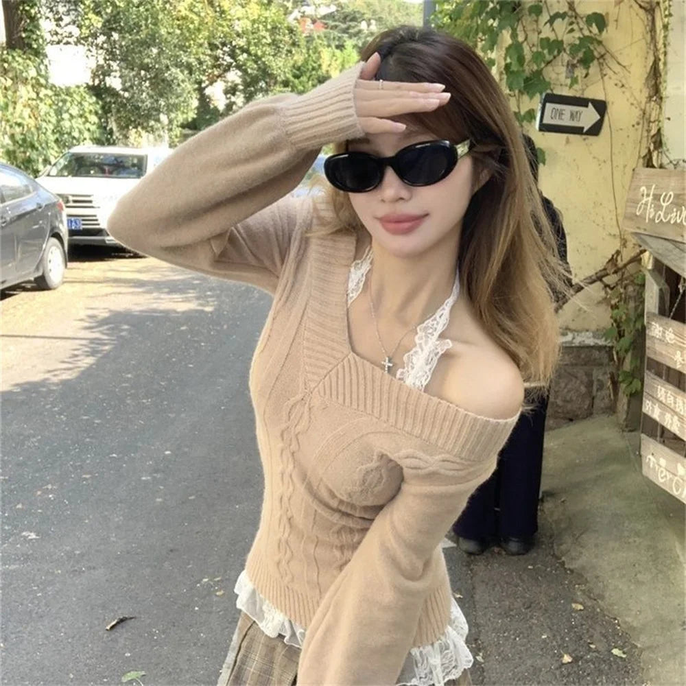 STORESDE Fashion Vintage V-neck Knitted Tops Women 2025 Early Autumn New Sweaters Pullover Slim Long Sleeve Pullovers Sexy Gray Jumpers
