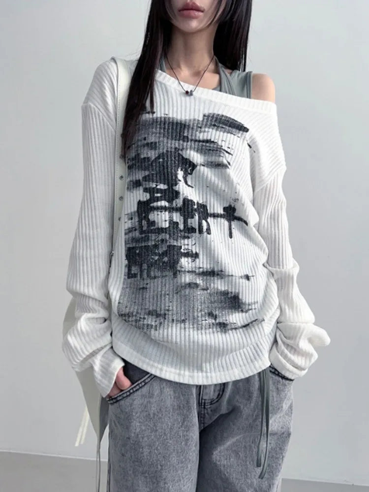 STORESDE Autumn Harajuku Women Vintage Print Tees Streetwear Grunge Skew Collar Graphic Tshirt Y2k Aesthetic Casual Hiphop Grunge Top