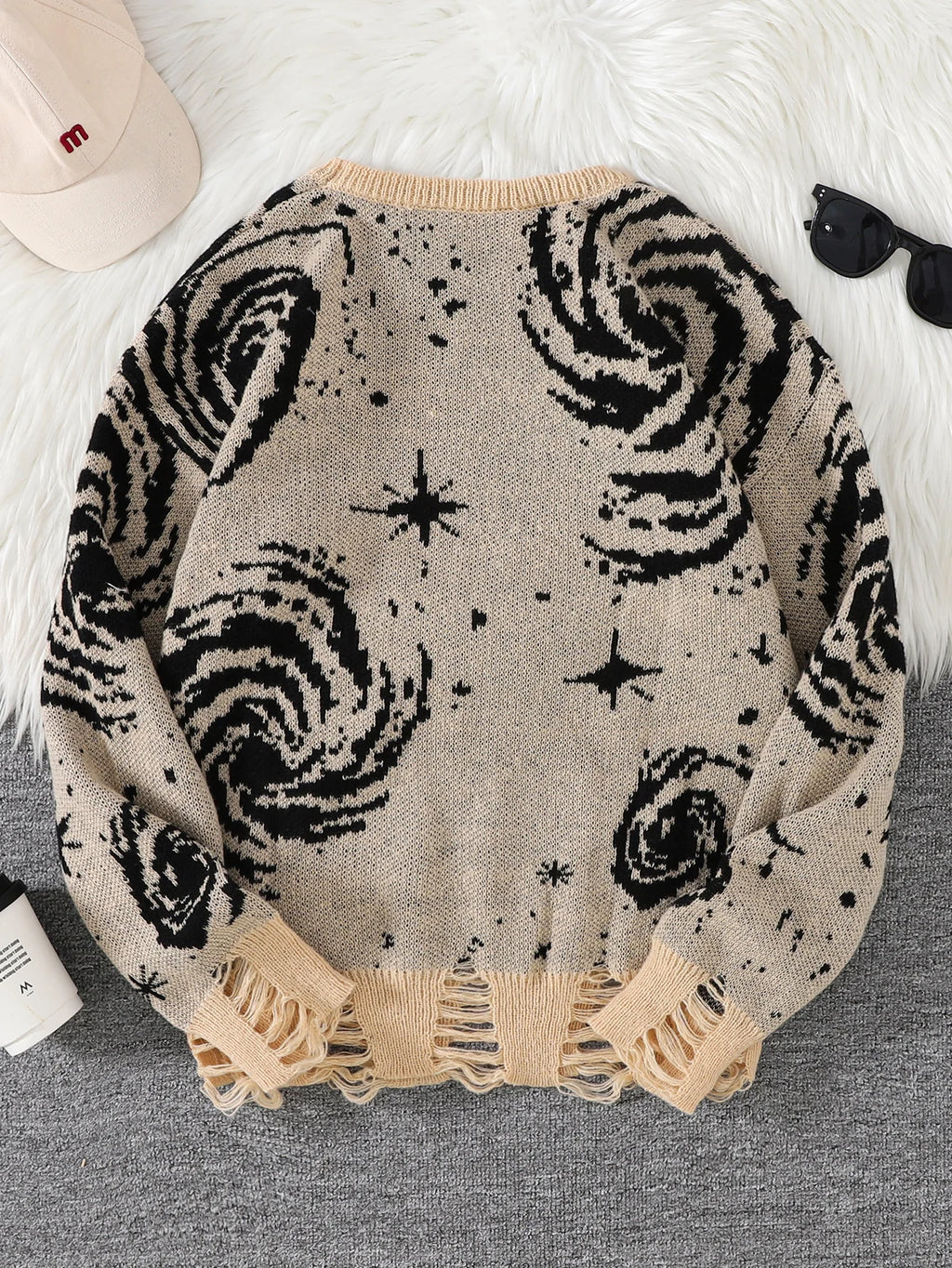 STORESDE New Trendy Street Style Ripped Abstract Starry Sky Pattern Pullover Ripped Sweater Casual Crew Neck Knitted Men's Pullover