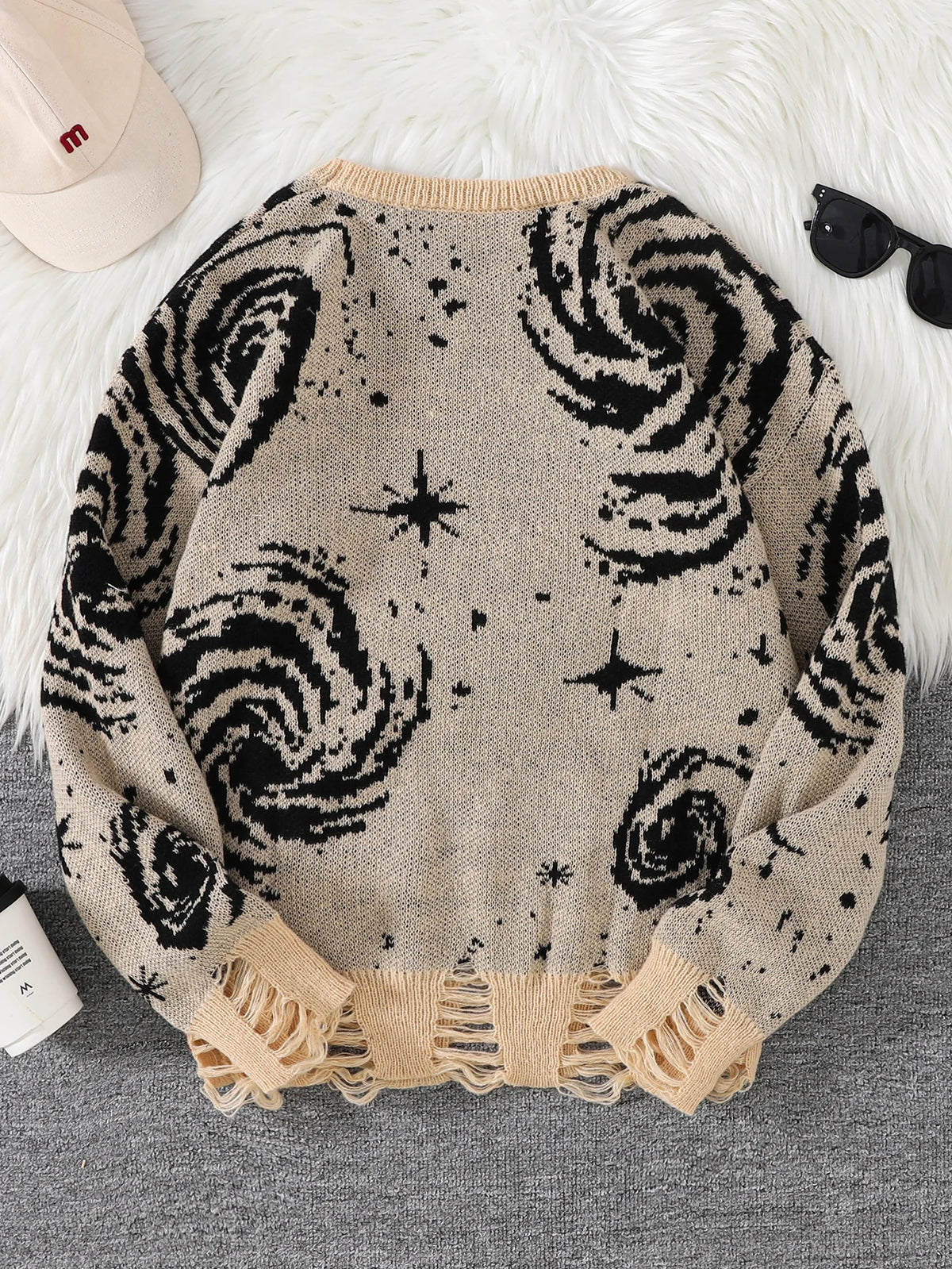 STORESDE New Trendy Street Style Ripped Abstract Starry Sky Pattern Pullover Ripped Sweater Casual Crew Neck Knitted Men's Pullover