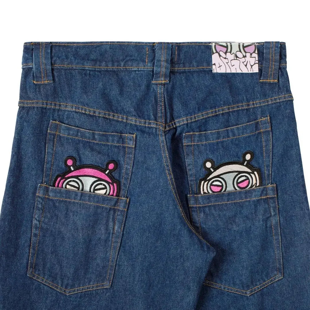 STORESDE New Black Wide Leg Denim Jeans Men Dragon Print Cherry Blossom Embroidery Vintage Washed Loose Harajuku Streetwear Casual Pants