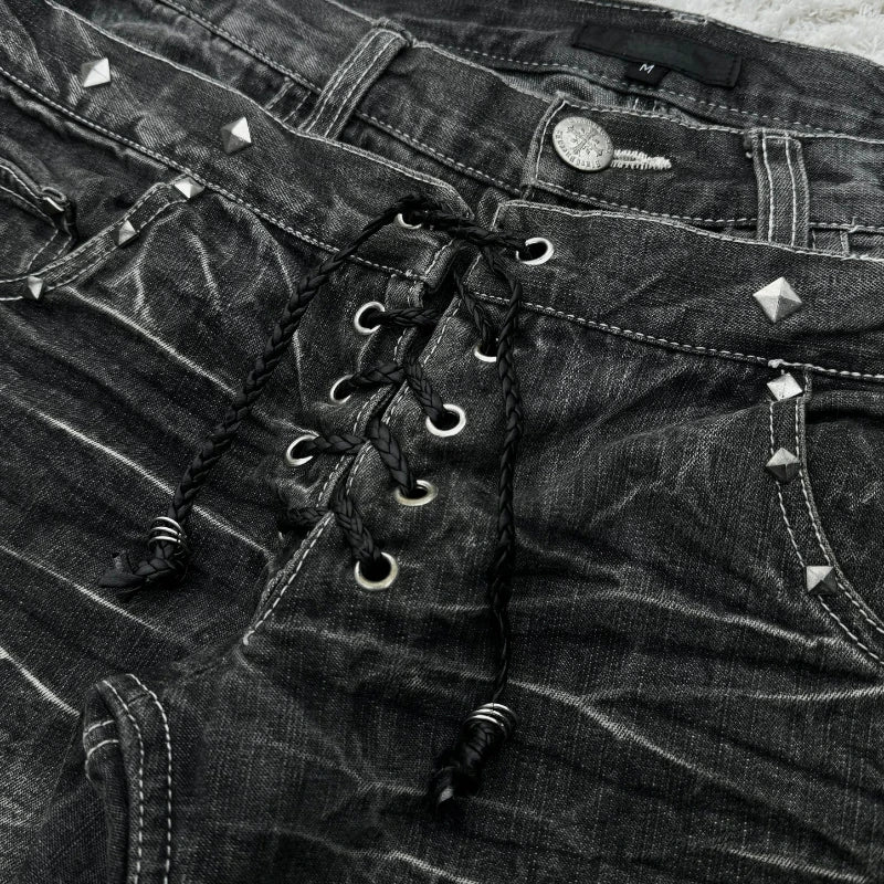 STORESDE Y2K Washed Jeans Gothic Retro Micro Flared Double Waisted Lace Up Pants Men Women Streetwear High Quality Design Sense Trousers