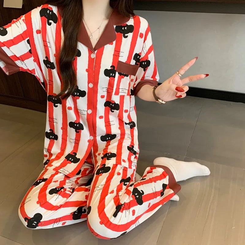 STORESDE Cute Elephant Strip Print Women's Pajama Set Sleepwear Loungewear Y2K Korean Style Sweet Kawaii Summer New Casual Pajamas Set