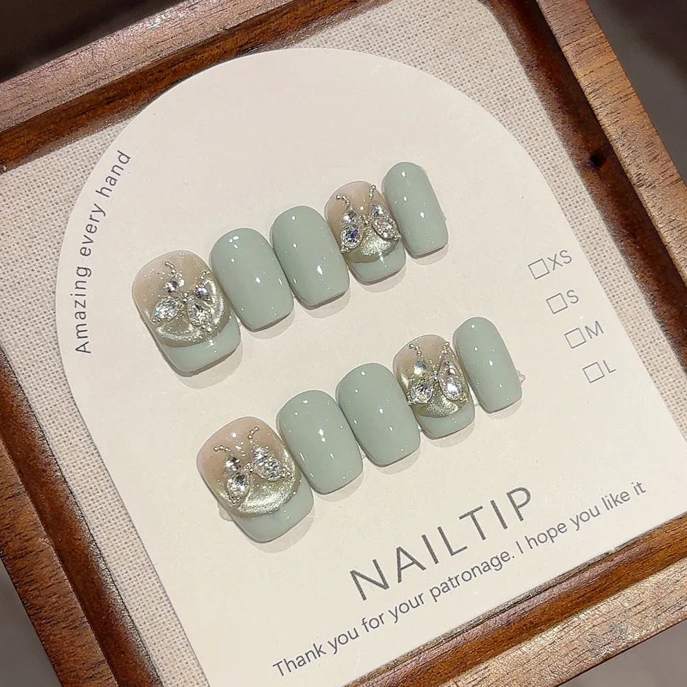 STORESDE 10Pcs Handmade Nude Color Press On Nails Sparkling Cat-Eye Cherry Star Marine Elements Sequins Cute Girlish Nail Suitable Summer