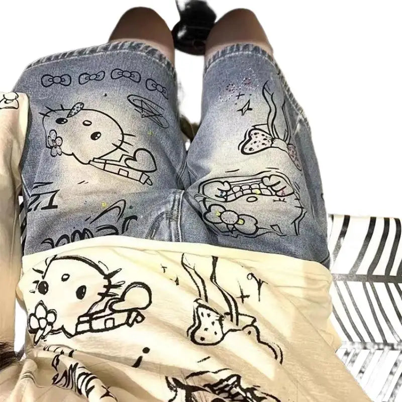 STORESDE New 2025 Sanrio Summer High Street Style Denim Jeans Shorts Light Blue Straight Girls Deni Shorts Jeans Fashion Casual Jeans
