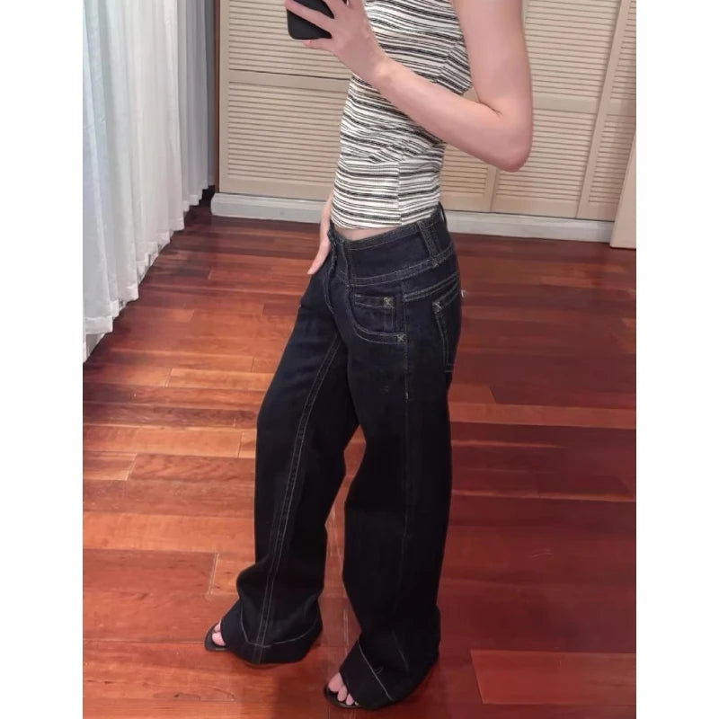 STORESDE Women's American Blue Button Design Jeans Low Waist Straight Leg Loose Wide Leg Drapey Long Pants Y2K Style Slimming Denim