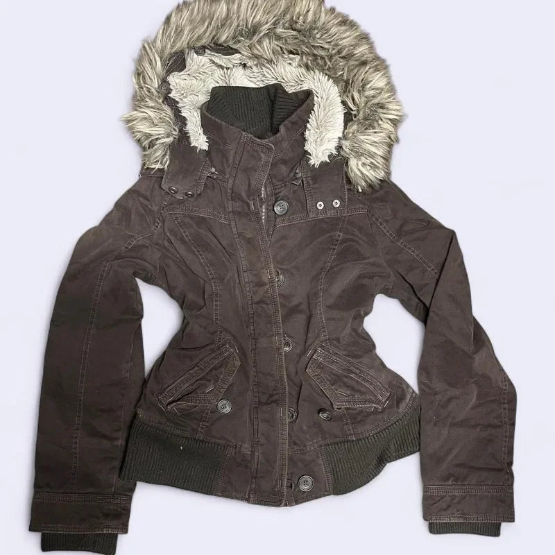 STORESDE Winter Fashion New Solid Color Fur Collar Hooded Cotton-padded Jacket Women Y2K Street Vintage Pop College Cotton-padded Jacket