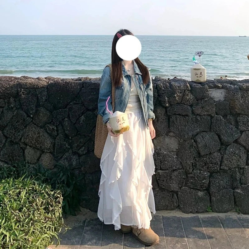 STORESDE Deeptown Sweet Elegant White Long Skirt Women Fairycore Korean Style Lace Ruffle Skirt Asymmetrical Retro Street Layered Skirts