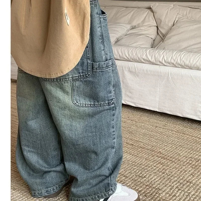 STORESDE Children's Retro Jeans Loose Straight Pants Wide Leg Pants for Boys and Girls 2025 New Spring Autumn Kid's Denim Pocket Trousers