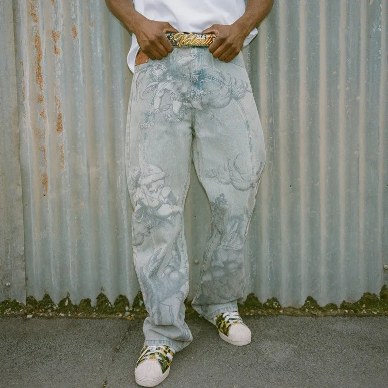 STORESDE Y2k Retro Baggy Jeans Trendy Cupid Angel Pattern Men Women Pants American Hip Hop Streetwear Unisex Casual Straight Leg Jeans