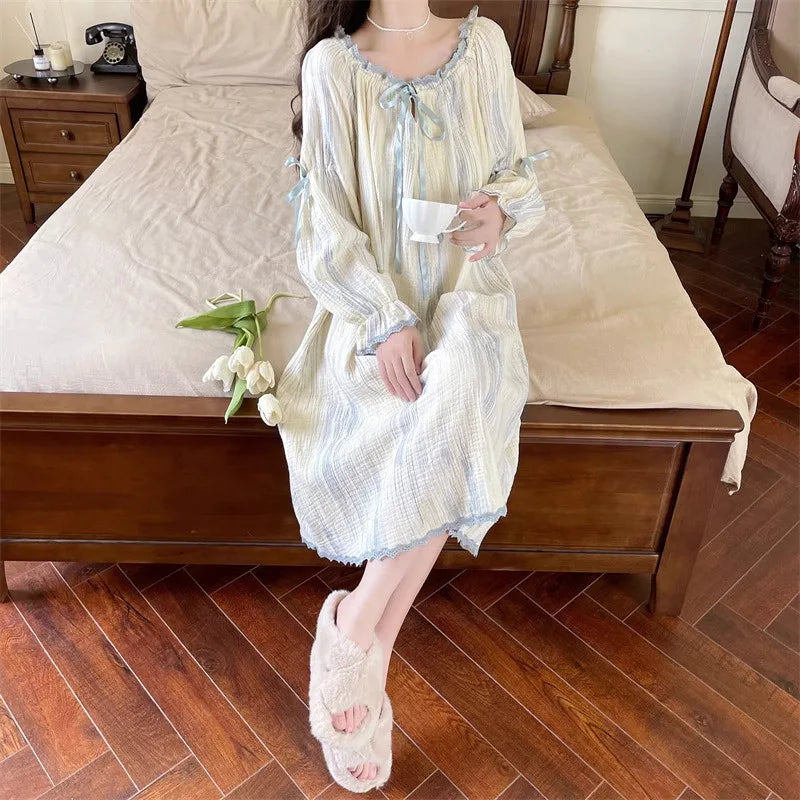 STORESDE Women Pajamas Dress Princess Style Sweet Long Sleeve Nightdress Round Neck Wide Striped Bow Cute Girly Midi Dress Night Wear