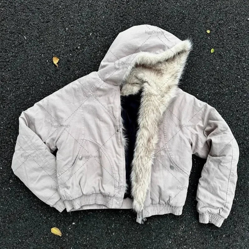 STORESDE Y2K American Black Retro Wool Collar Thickened Cotton Jacket Men And Women Fashion Punk Vintage Streetwear Loose Casual Jackets