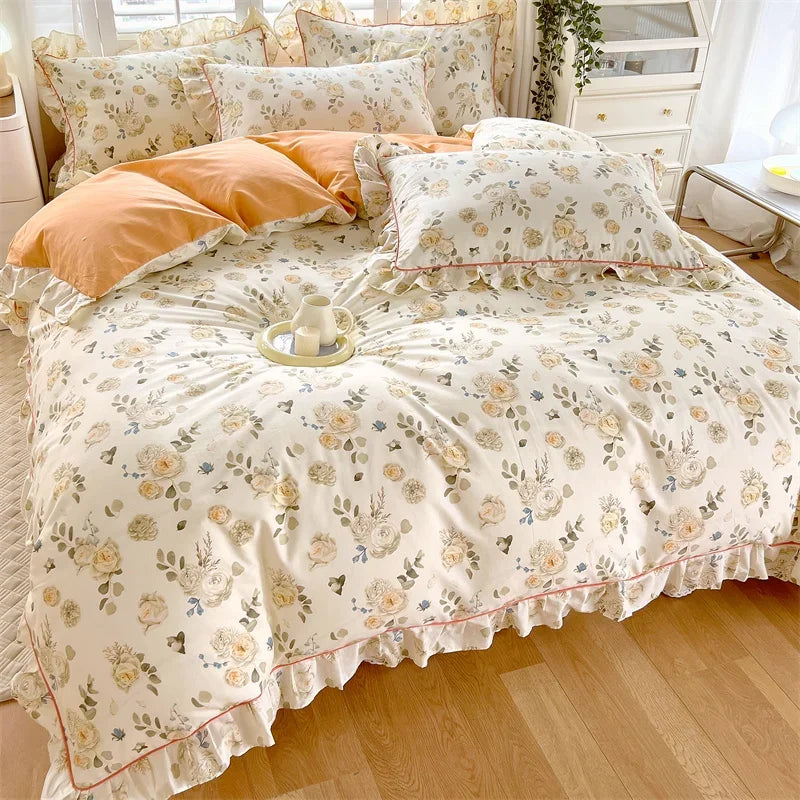 STORESDE Princess Style Ruffles 100% Cotton Quilt Cover Set or Single Quilt Covers Floral Soft Duvet Cover Cotton Cute Comforter Covers