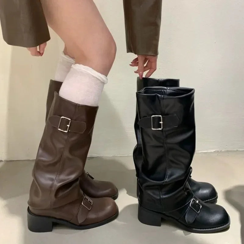 STORESDE Woman Boots Knee High Platform Chunky Heels Trend Punk Gothic New Rock Leather Fashion Women's Shoes Motorcycle Footwear Q221