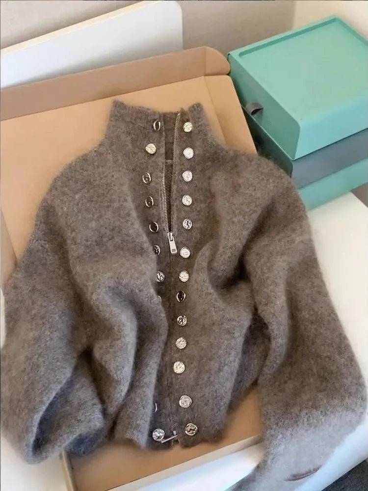 STORESDE Luxury Fluffy Knitted Cardigan Sweater Design Double Breasted Sweater Coat Women Autumn High-end Lazy Zipper 2000s Y2k Knit Top