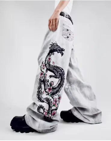 STORESDE New White Jeans Y2K Dragon Pattern Mens American High Street Retro Korean Straight Pants Harajuku Hip-Hop Couple Wide Pants