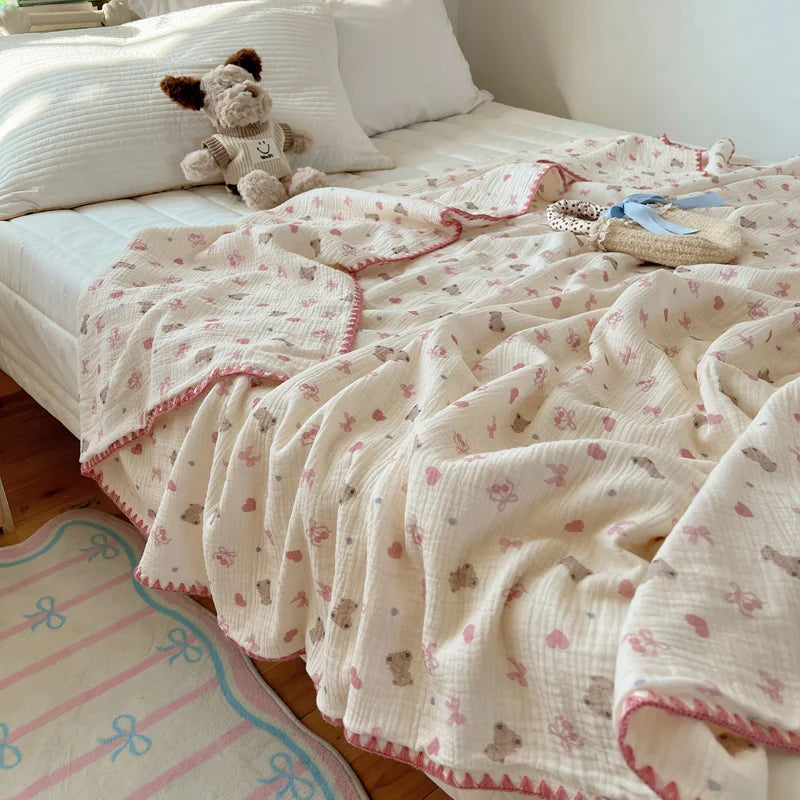 STORESDE 100% Cotton Blanket INS Style Pure Cotton Crepe Yarn Summer Blanket Single/Queen/King Size Cartoon Quilt for Kids Soft Plaids