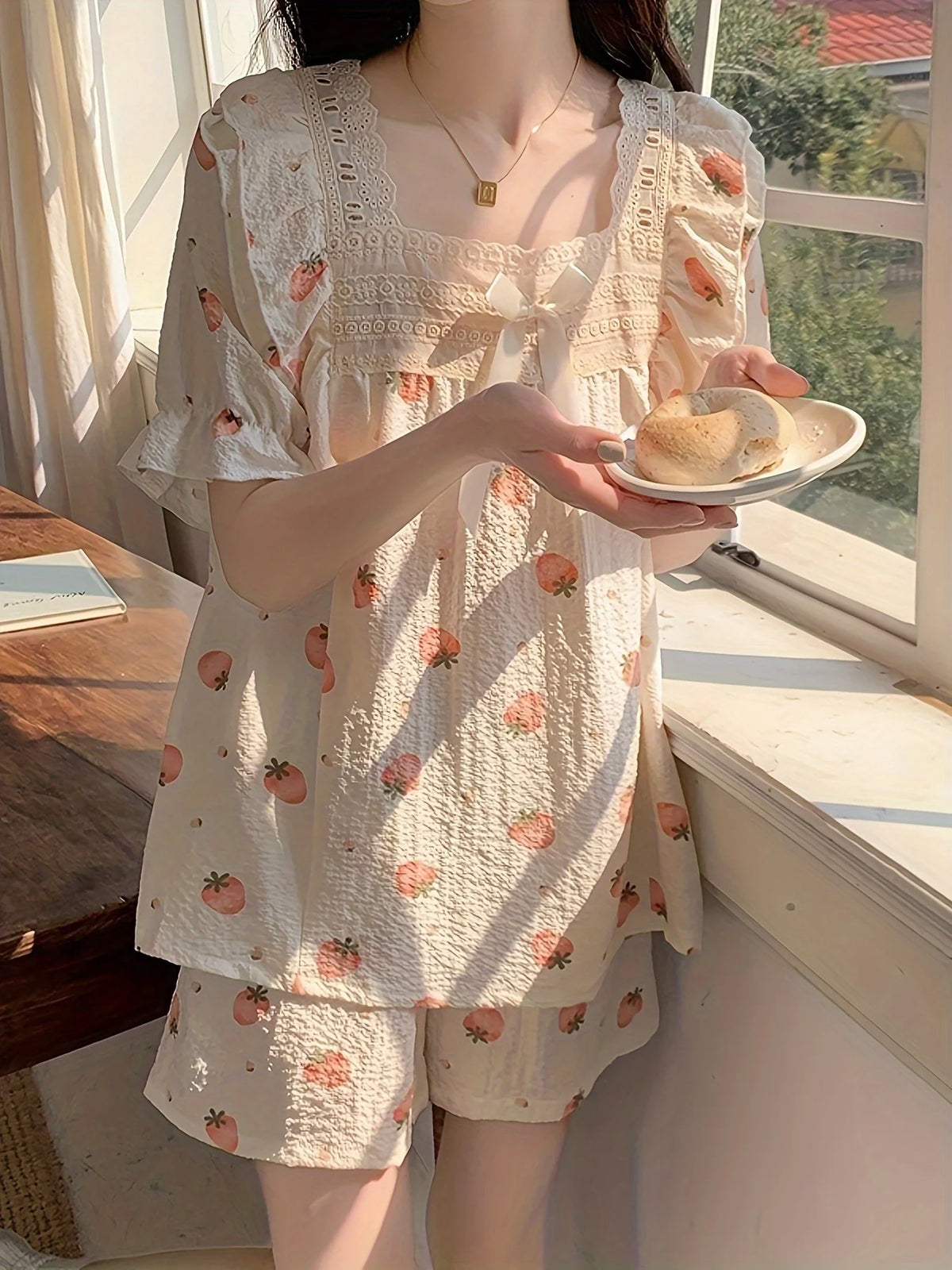 STORESDE Charming Strawberry Print Loungewear Set Soft Fabric with Bow Detail Puff Sleeve Square Neck Top Elastic Shorts for Women Summer