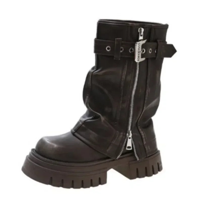 STORESDE Winter Women Biker Boots Fashion Belt Buckle Ladies Elegant Platform Long Pipe Booties Casual Women's Knee High Booties2026