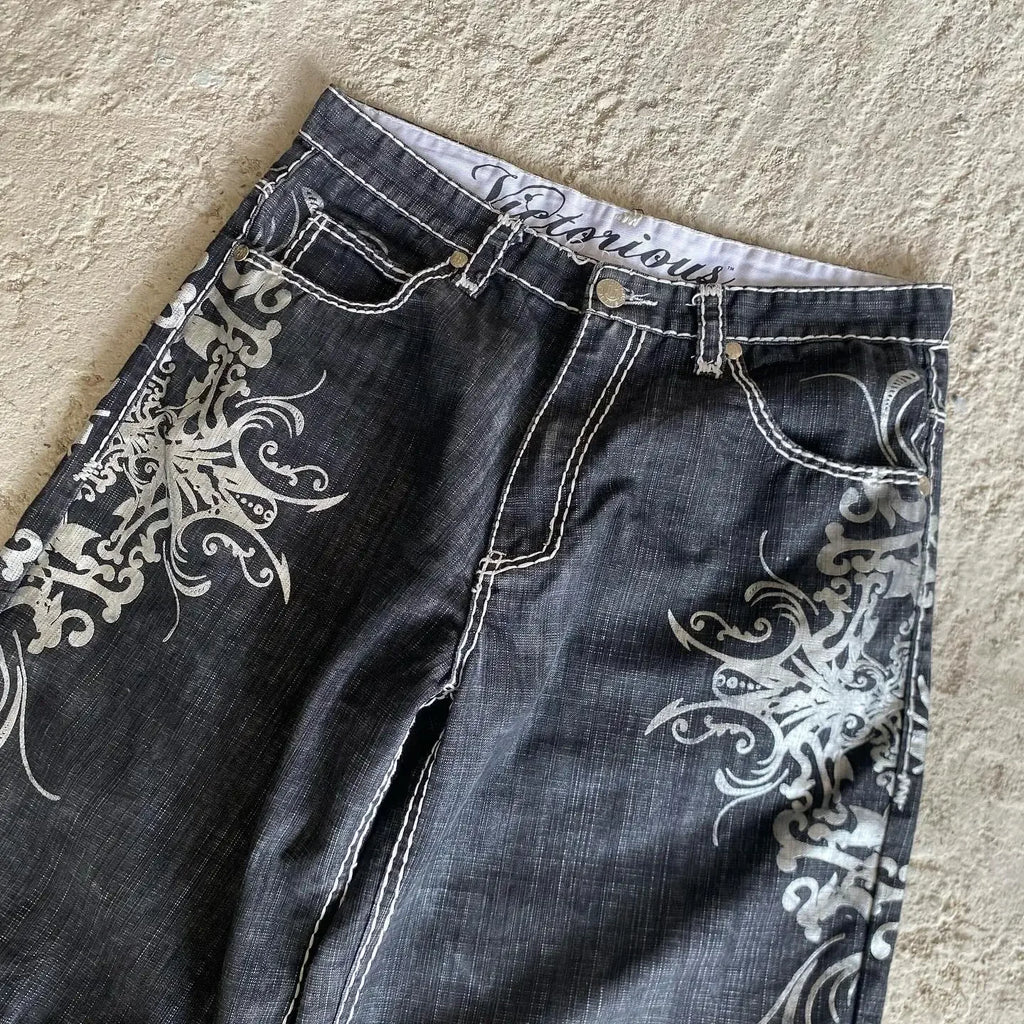 STORESDE New Streetwear American Denim Shorts Mens Womens Hip Hop Embroidery Printed Loose Shorts Gothic Retro Casual Basketball Shorts