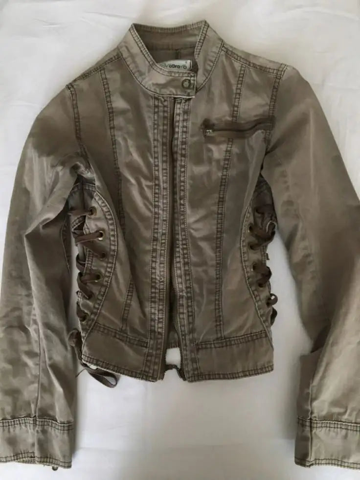 STORESDE Y2K Retro Army Green Zipper Jacket Women Harajuku Sexy Slim Fit Denim Jacket Autumn Winter Short Stand Collar Coat Goth Clothing