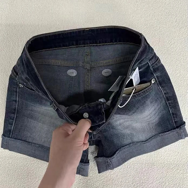 STORESDE Retro Roll Up Hem Deep Blue Denim Shorts Women Summer Sexy Low Rise Hip Covering Hot Pants American Distressed Washed Jean Short